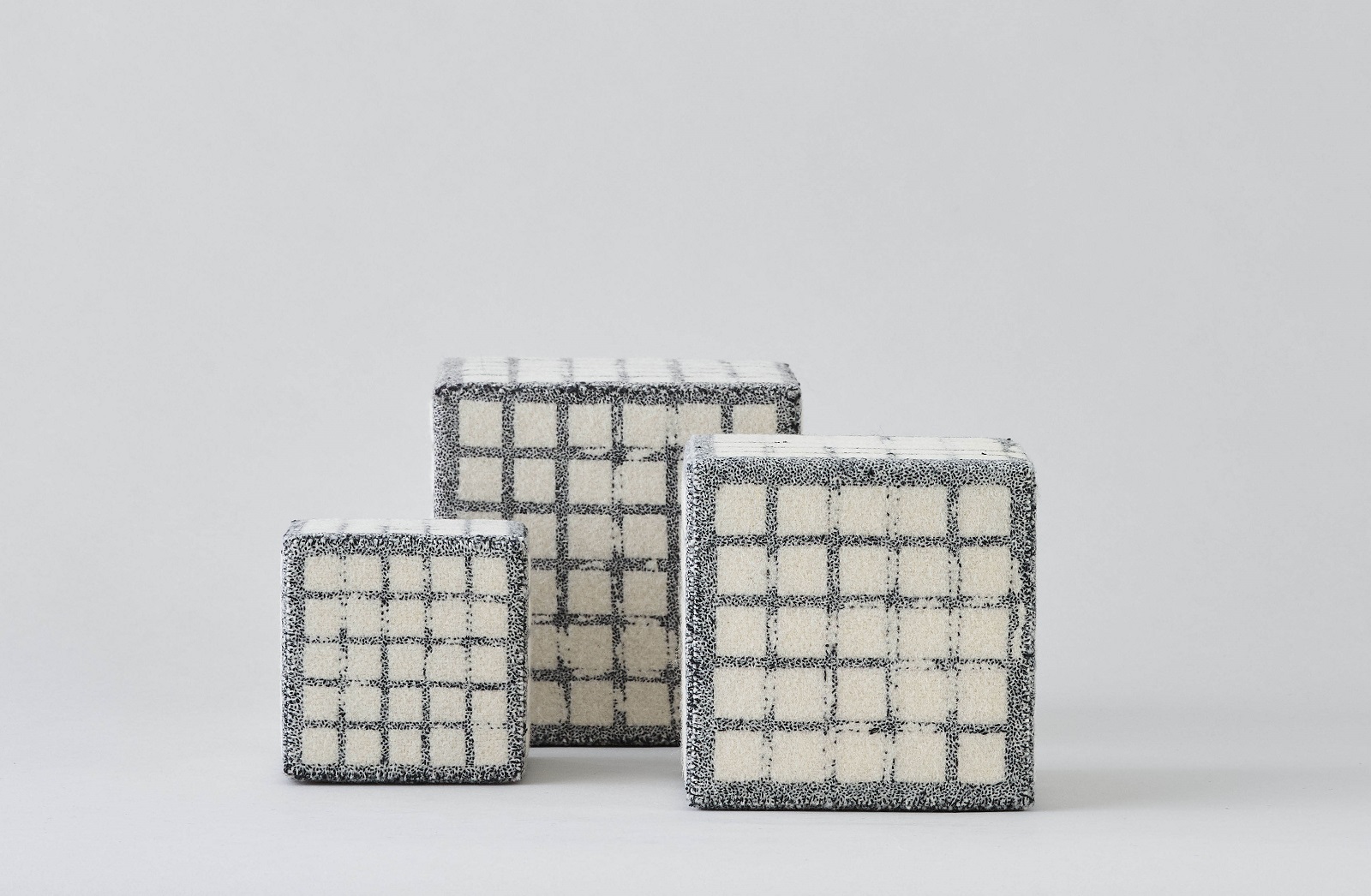 Richard McVetis, Grid Collective, 2021. 10cm x 10cm x 10cm/ 9cm x 9cm x 9cm/ 6cm x 6cm x 6cm (4” x 4” x 4”/ 3.5” x 3.5” x 3.5”/ 2.5” x 2.5” x 2.5”/ ). Hand embroidery. Cotton, wool.