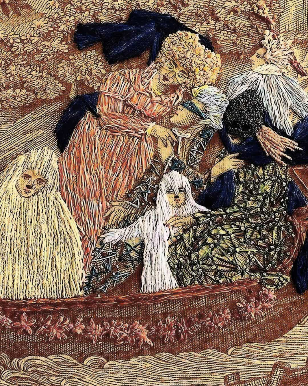 A close up of a tapestry of four people in a boat. We can see their expressions.