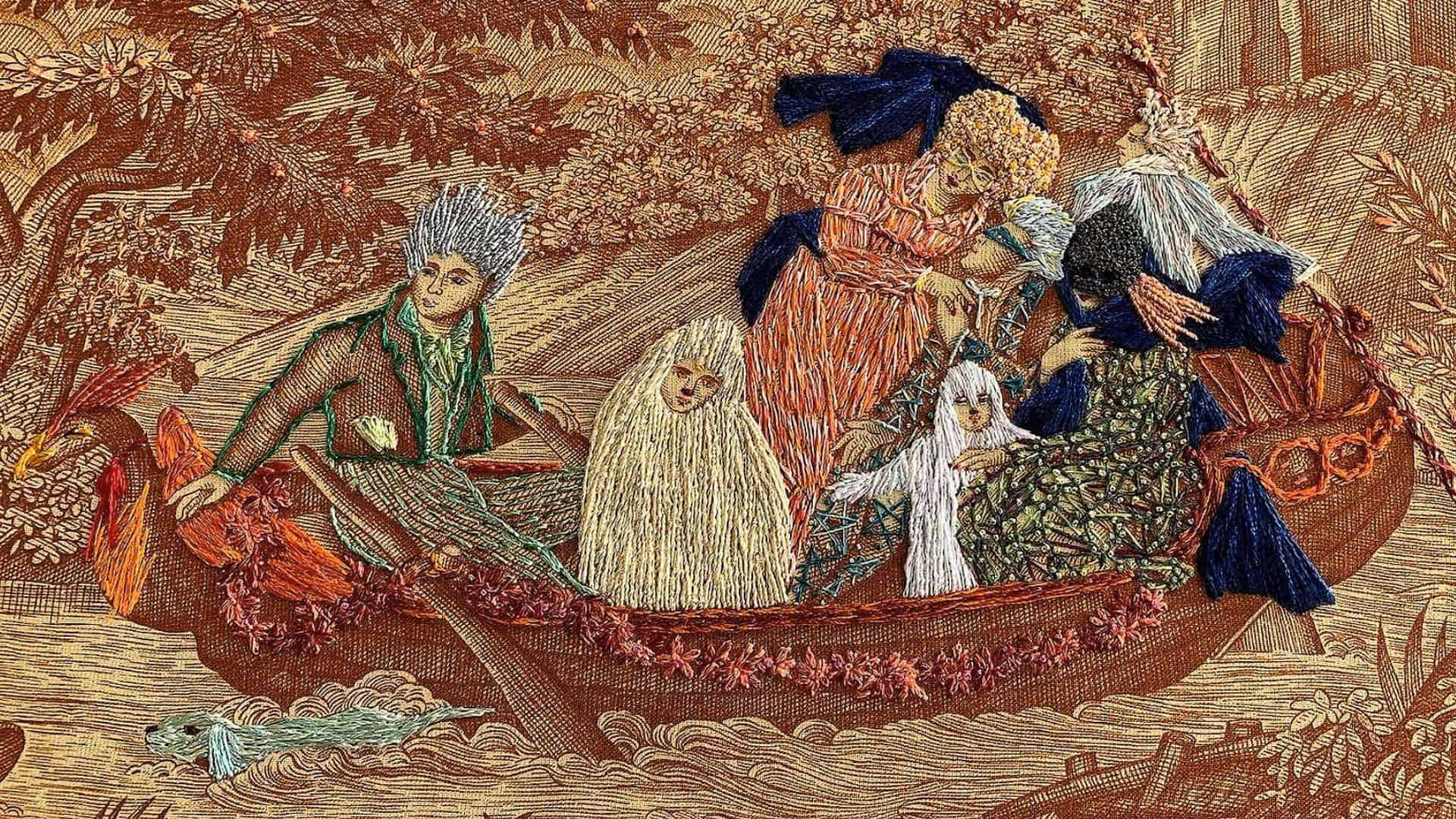 a close-up of a tapestry of seven people in a boat, making their way through a storm.