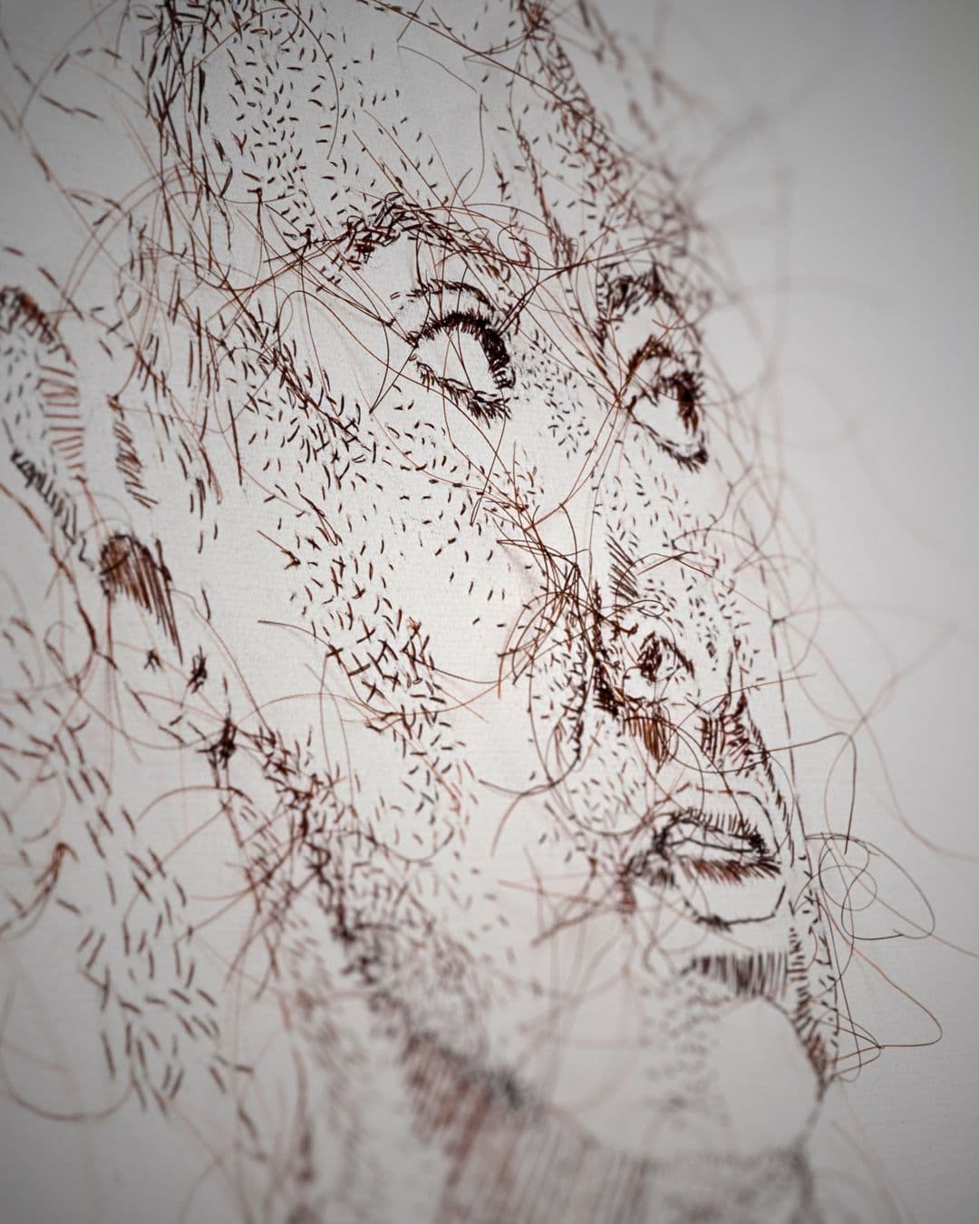 A close up image of a stitched artwork of a woman's face. Stitched with human hair. 