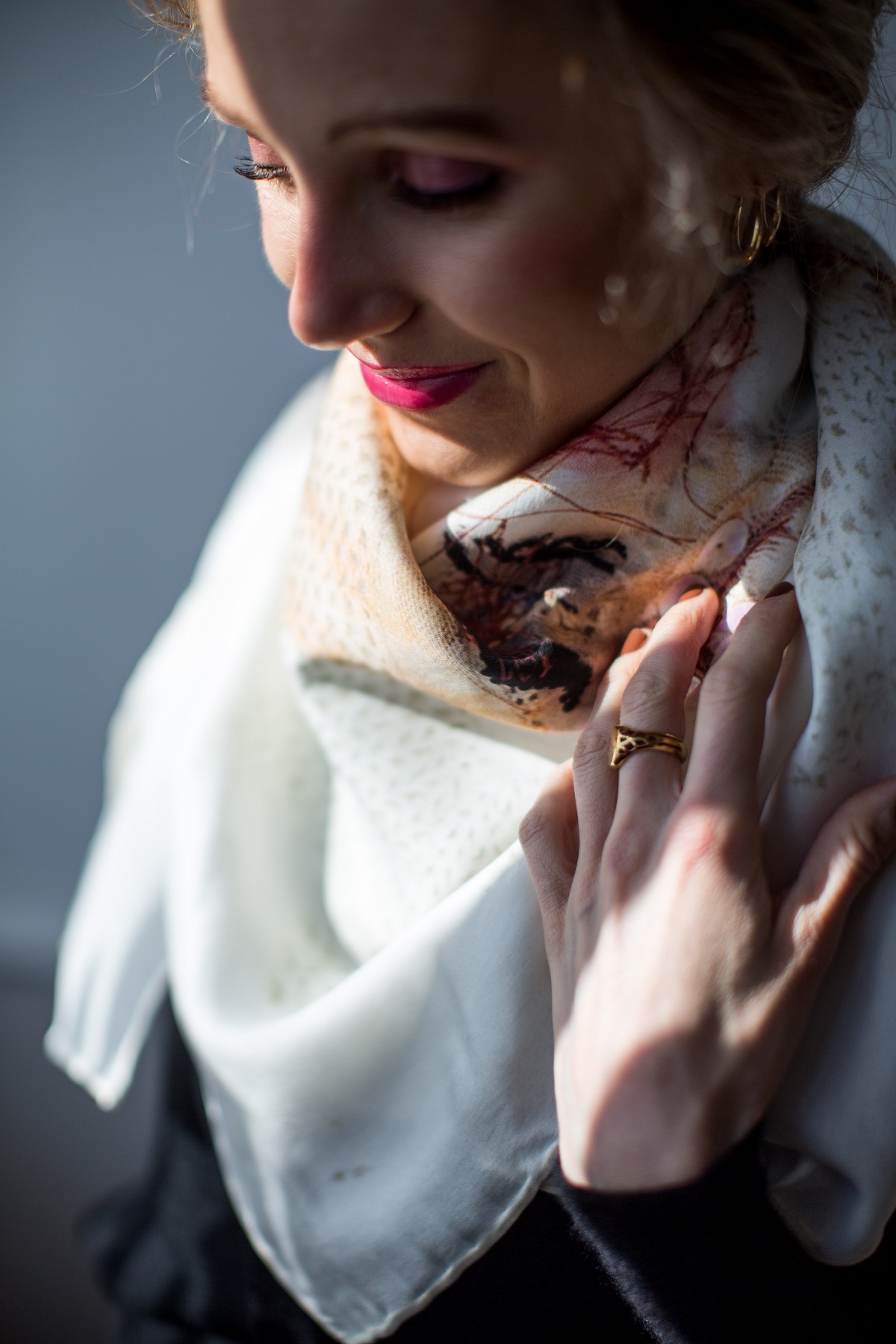 Ailish Henderson, Pistachio Smiles. Stitched portrait collage, printed onto silk scarf.