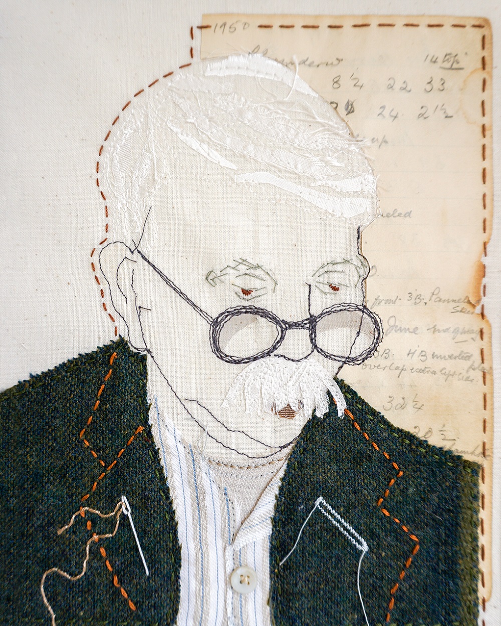 Sandra Rose, My Grandfather – Dadcu, 2020. 23cm x 18cm (9" x 7"). Appliqué, hand stitch and free-motion machine stitch. Calico, vintage wool, embroidery thread, paper.