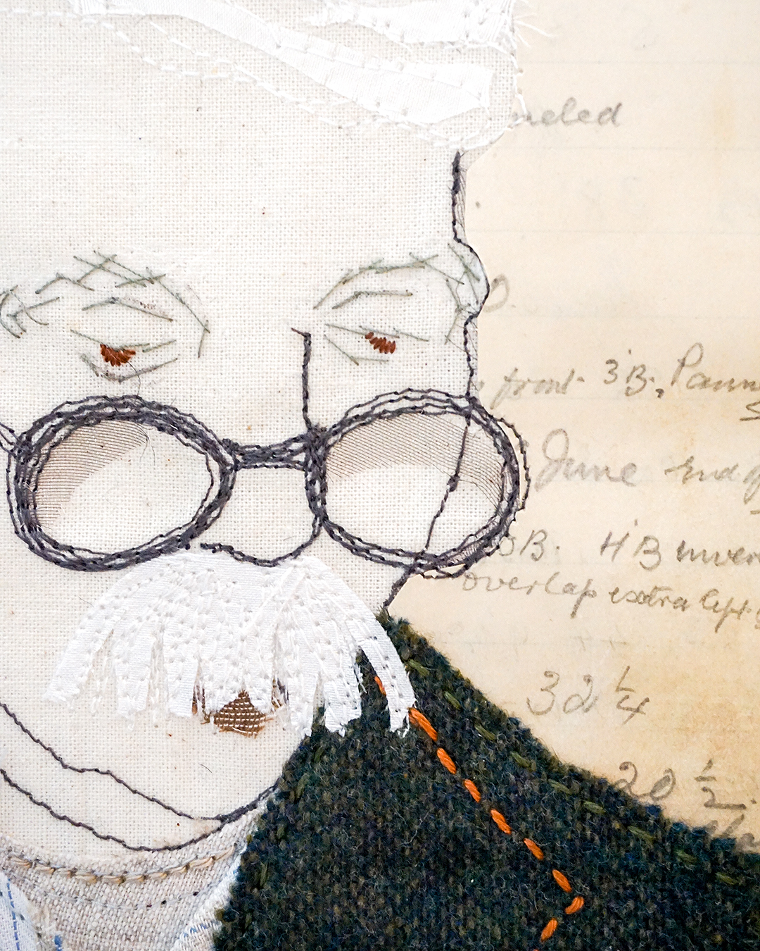 Sandra Rose, My Grandfather – Dadcu (detail), 2020. 23cm x 18cm (9" x 7"). Appliqué, hand stitch and free-motion machine stitch. Calico, vintage wool, embroidery thread, paper.