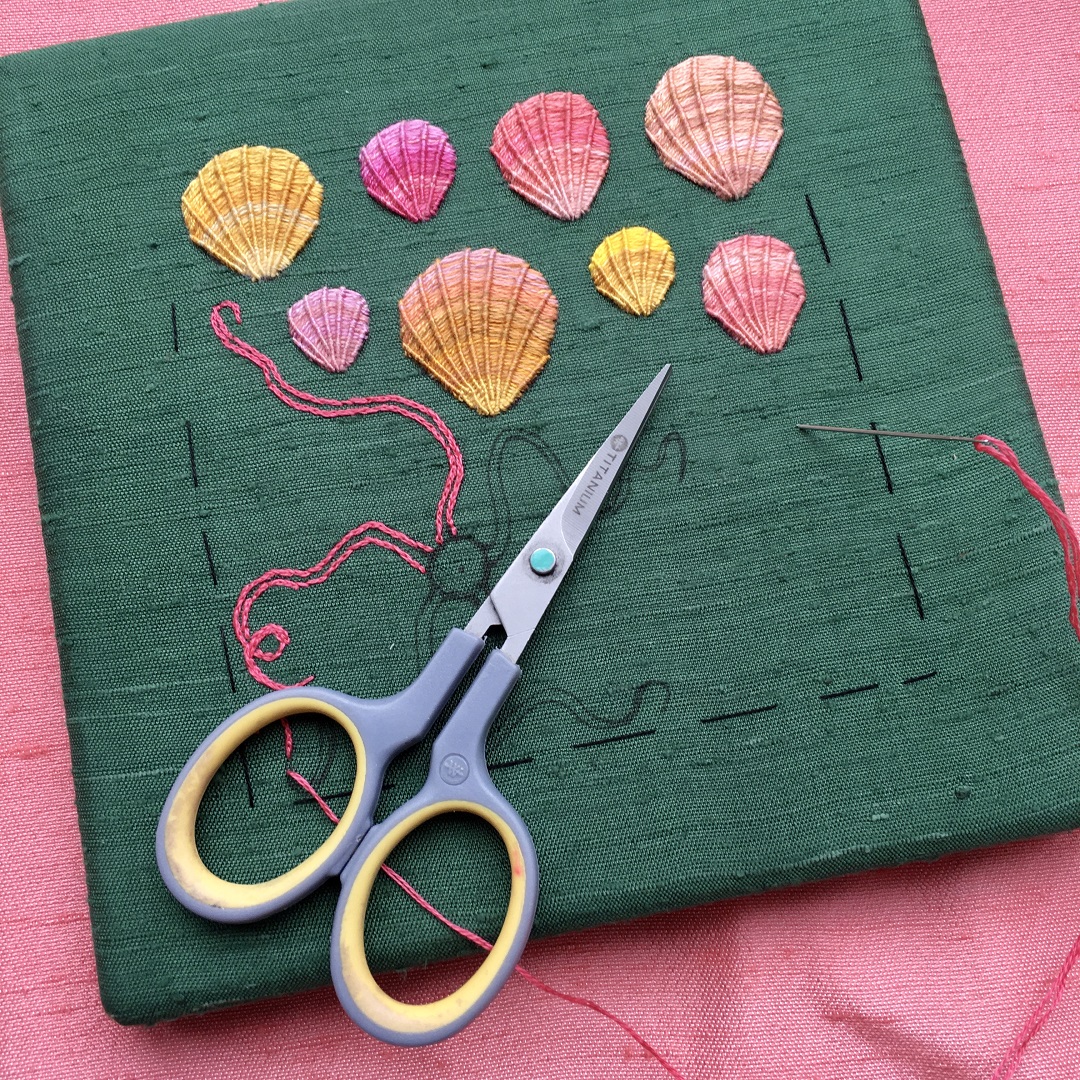 Yvette Phillips, Shells (work in progress), 2023. Hand embroidery. Vintage silk fabric, cotton threads, Westcott curved embroidery scissors.