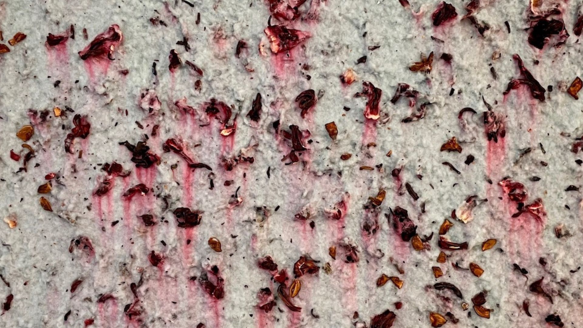 A close-up of a textile art piece with a light pulped texture and red dried hibiscus embedded in its surface