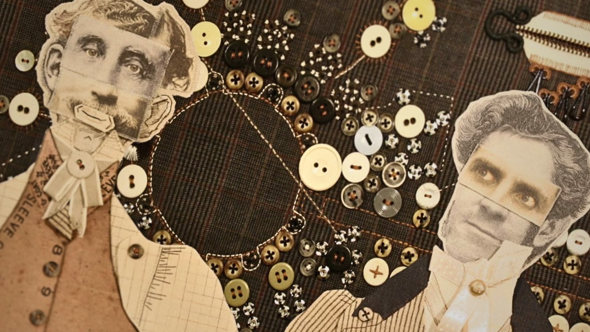 a collaged artwork of buttons and men