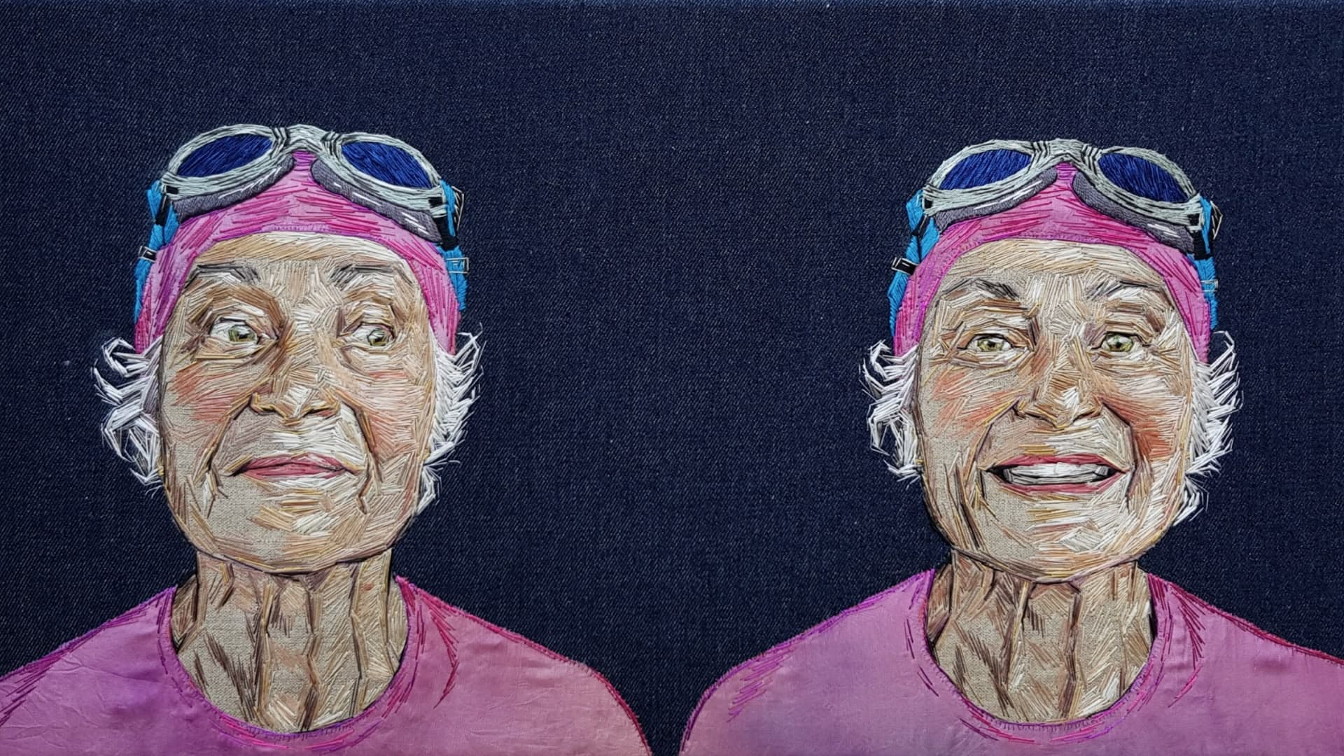 a stitched artwork showing a woman wearing goggles and pink shirt