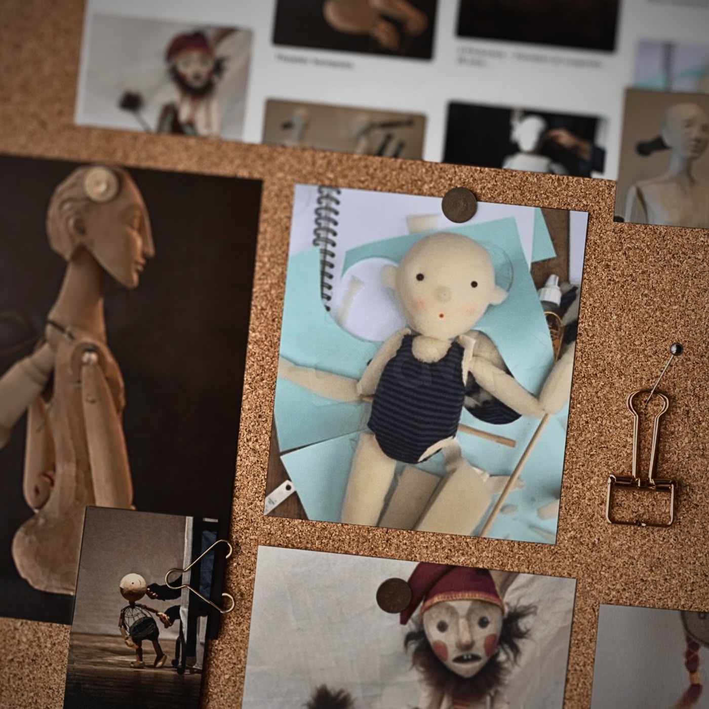 a cork board with pictures of dolls