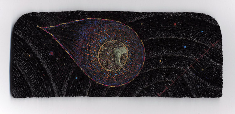 Tom Lundberg, Wanderer’s Cuff, 2011, 4” x 11”, Cotton, silk, rayon, and metallic threads on rayon velvet