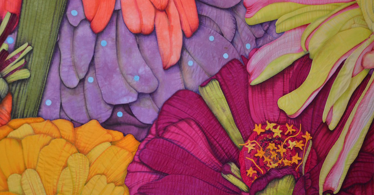 |Velda Newman quilt artist|Quilter and textile artist Velda Newman|A quilt by artist Velda Newman|Velda Newman takes inspiration from nature to create vibrantly coloured quilts|A quilted piece entitled Wings by Velda Newman