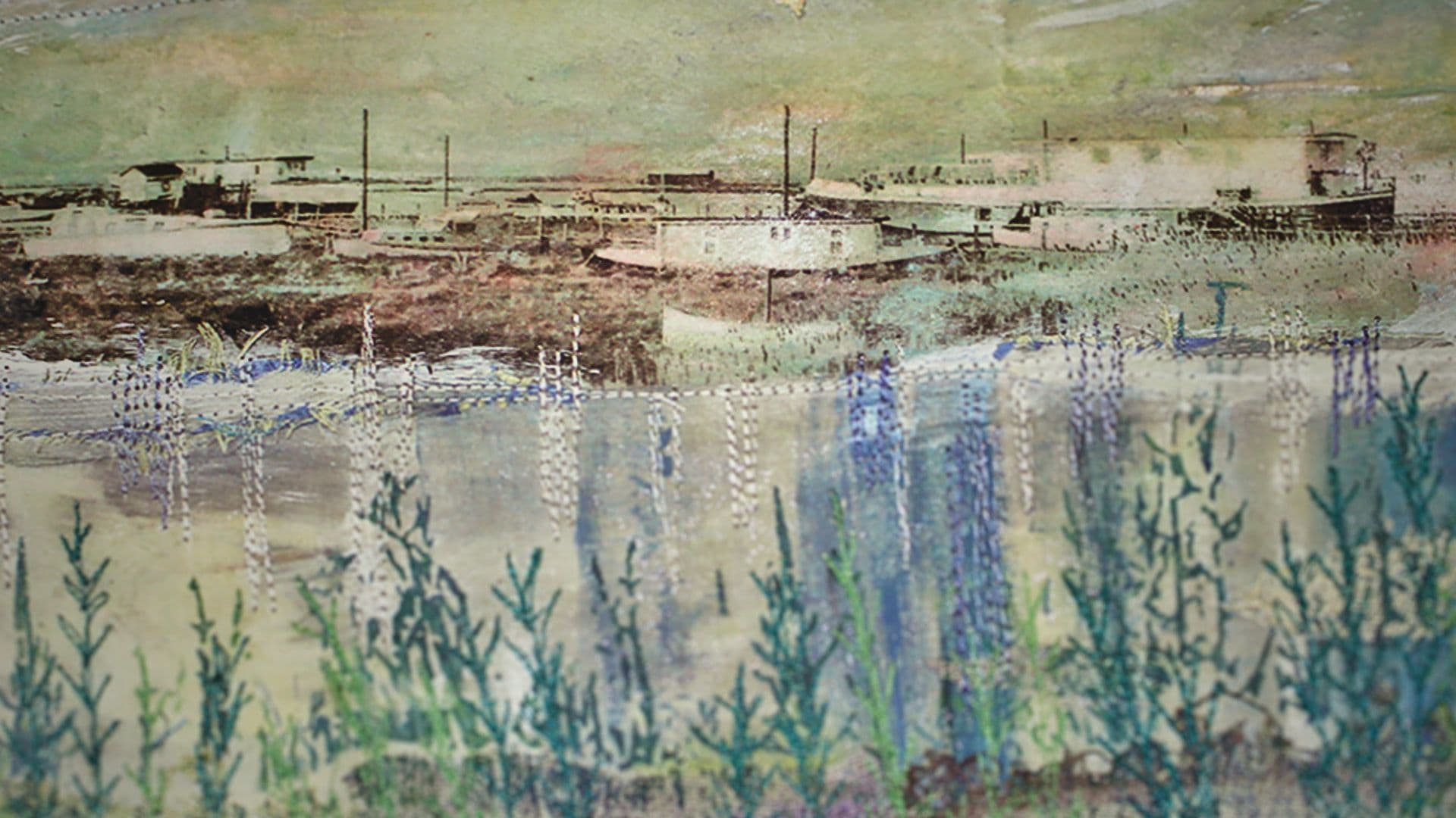 A stitched artwork of Mersea Island, houseboats docked in the harbour