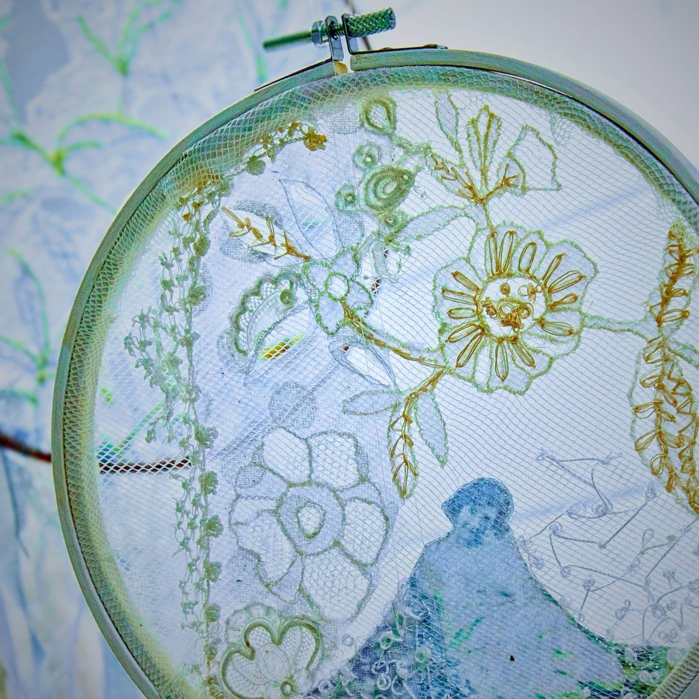 An embroidery hoop with a flower design