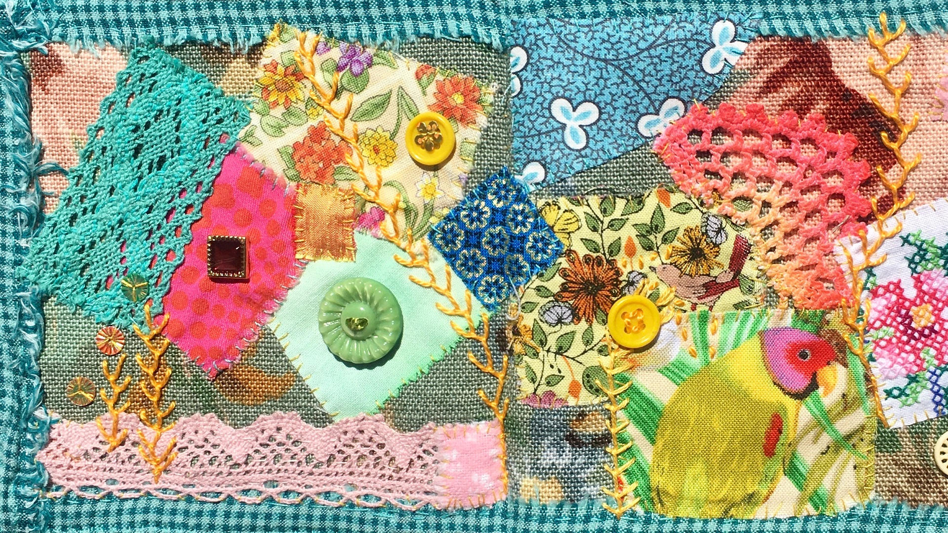 Heléne Forsberg, Wonderful Summer, Part 1, 2020. 12cm x . Hand stitch, appliqué. Various fabrics, lace, beads, buttons, threads. Mandy Pattullo, Fabric Concertina Book.