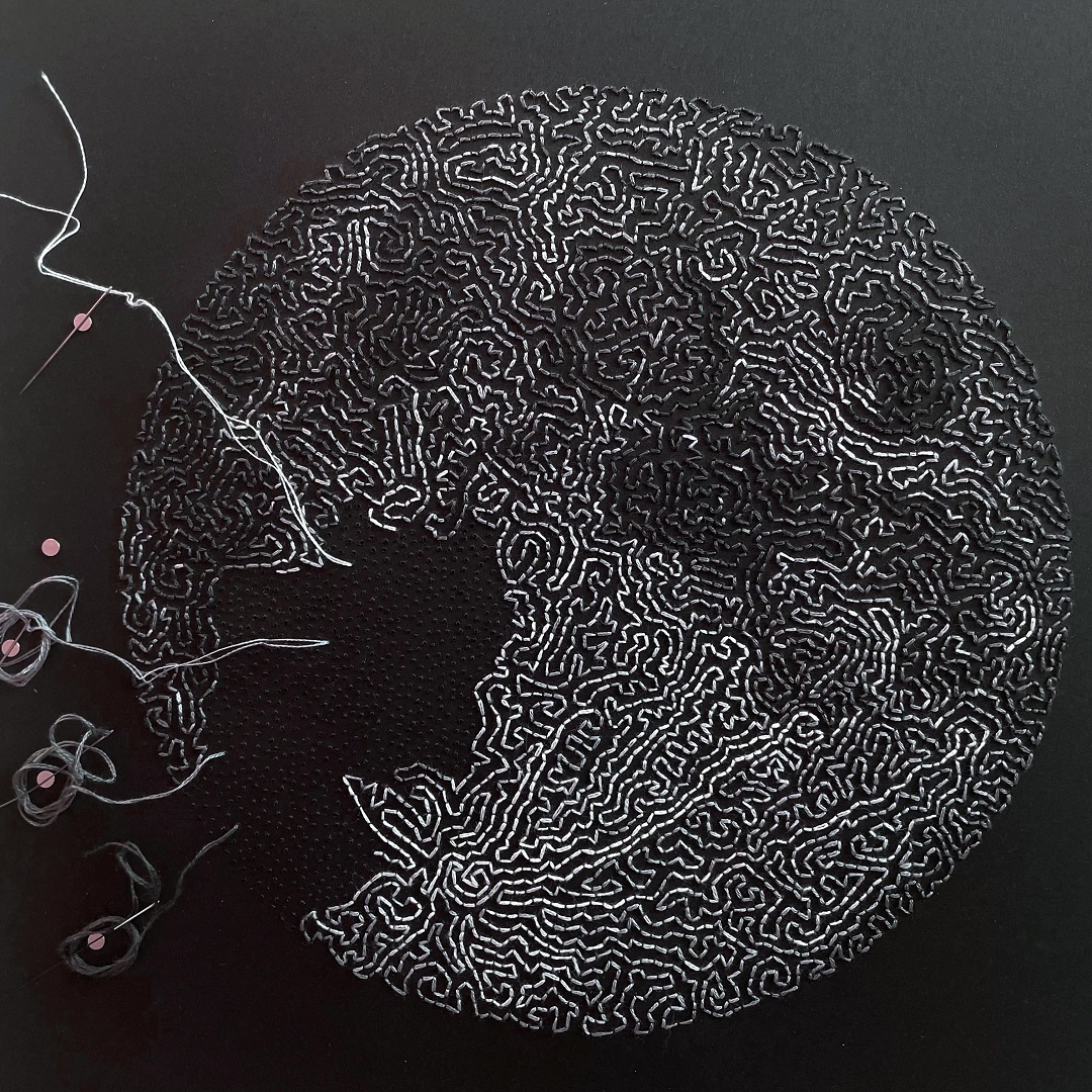 Yuka Hoshino, The Moon as an Infinite Loop (detail), 2022. 30cm x 30cm (12" x 12"). Embroidery on paper. Cotton thread. 