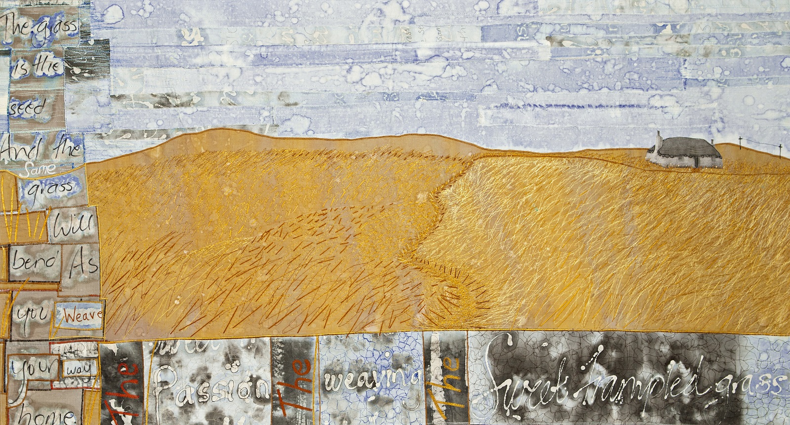 Jan Kilpatrick: Weaver of Grass (in memory of Angus McPhee), 2010, 150cm x 75cm, Batik, collage, hand and machine embroidery, Photograph credit: Ricky Frew Photography (rickyfrew.com)