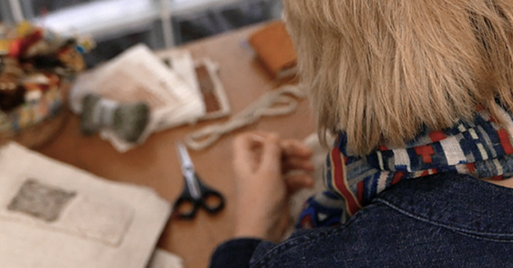 Textile artist Sue Stone at work|Sue Stone: East End Girls aka Alice