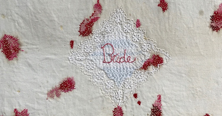 Willemien de Villiers: Bride (detail)|Willemien de villiers: Bride 1|Willemien de Villiers: Martha's mended tablecloth|Willemien de Villiers: Martha's tablecloth|Willemien de Villiers: lace and bits|Willemien de villiers: Covered bride|Willemien de Villiers: Stained bride. process|Willemien de Villiers: Dyeing threads|Willemien de Villiers: Trousseau/Bruidskat (detail)|Willemien de Villiers: Trousseau/Bruidskat pile|Willemien de Villiers: Piecing fabrics together|Willemien de Villiers: Bruidskat - stitching process|Willemien de Villiers: Bruidskat - stitching the stained sections of the fabric|Willemien de Villiers: Starter fabric|Willemien de Villiers: Brides - process|Willemien de Villiers: Bride 1